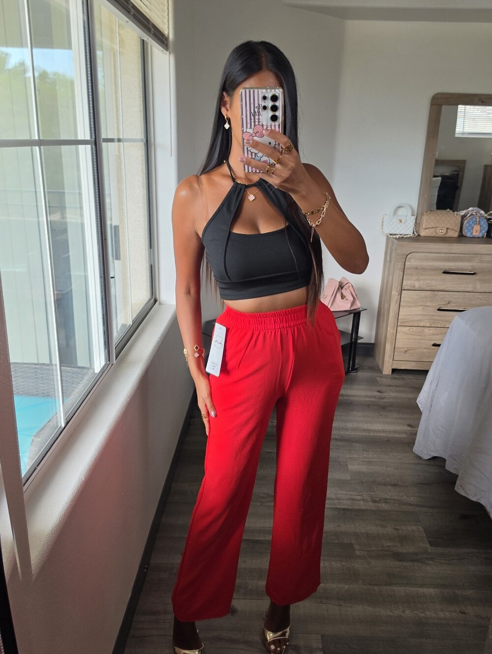 Red Vibrant Wide-Leg Pants with Elastic Waist Casual Belt Stetchy